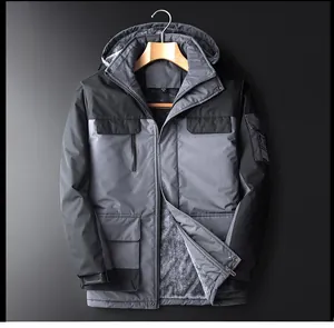 Close-up of men's winter jacket details showing waterproof zipper and grey fleece lining