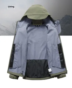 Close-up of olive green tactical softshell jacket with grey warm fleece lining and pockets