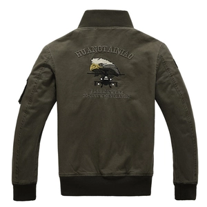 Men's thickened fleece flight jacket in army green with eagle embroidery on the back