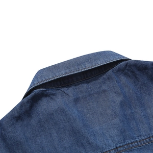 Classic dark blue denim shirt with a turn-down collar and contrast stitching details
