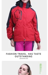 Detail of red and black outdoor waterproof jacket with logo and inner fleece lining