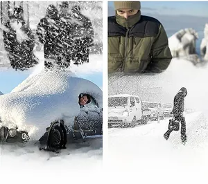 Dettaglio della giacca termica invernale con collo antivento in condizioni di neve