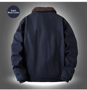 Rear view of navy blue workwear jacket featuring brown sherpa collar and ribbed hem