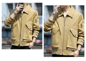 Detail of khaki cotton utility jacket showing front flap pockets and sleeve zipper