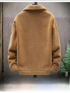 Back view of thick brown lamb wool jacket with broad collar on minimalist background