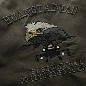 Men's thick fleece jacket in dark olive green with eagle embroidery on twill fabric