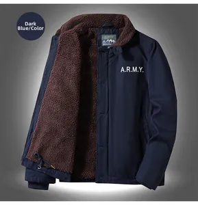Detail view of navy blue work jacket with brown sherpa lining and A.R.M.Y. print