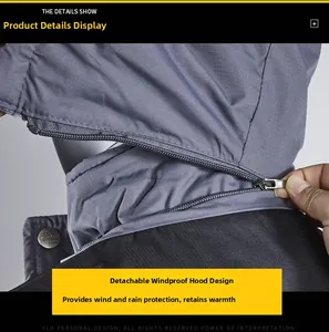 Detail of the detachable windproof hood and silver zipper on this heavy-duty hiking jacket