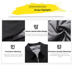 Detail view of winter business jacket with ergonomic cut and windproof stand collar