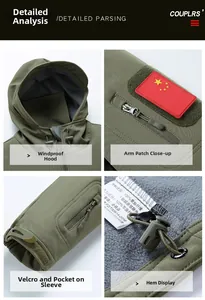 Detailed views of army green tactical jacket hood, zipper pockets, and velcro cuffs