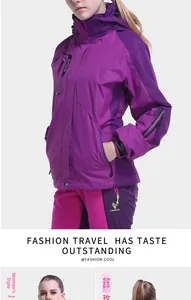 Detail of women's purple and rose 3-in-1 waterproof jacket with adjustable hood