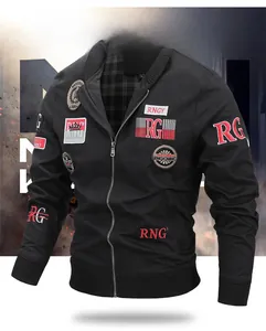 Detail of pilot bomber jacket with tactical embroidery, ribbed cuffs and plaid lining