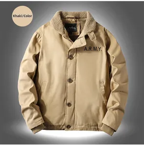 Detailed close-up of khaki military jacket with warm fleece lining and rib cuffs