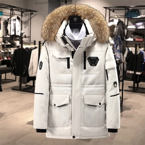 Parka d'Hiver Lourde pour Hommes Avec Grande Capuche en Fausse Fourrure Manteau Rembourré en Duvet de Canard Blanc Multi Poches Casual
