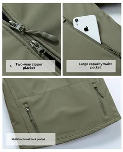 Detail view of army green softshell jacket with dual zippers and tactical large pockets
