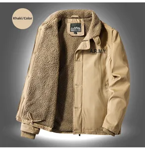 Detailed view of the warm faux fur lining and khaki work jacket texture