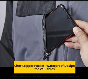Detail showing waterproof zippered chest pocket on men's heavy outdoor hiking jacket