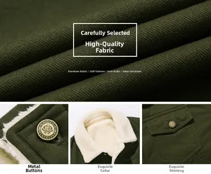 Dettagli dei bottoni metallici e fodera in lana d'agnello su giacca in denim verde