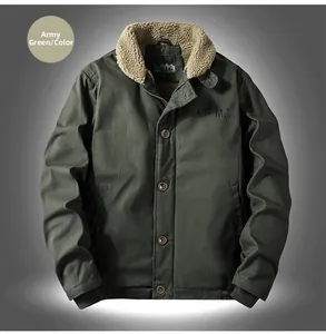 Detail of army green work jacket featuring thick sherpa fleece collar and A.R.M.Y. embroidery