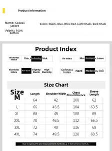 Tableau des tailles détaillé pour veste en coton homme de la taille M à la 4XL