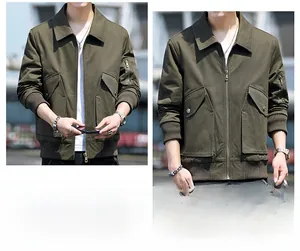 Detailed close-up of olive green cargo bomber jacket with rib-knit cuffs and hem