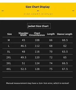 Size chart for men's cotton jacket showing M to 4XL dimensions with shoulder and chest width