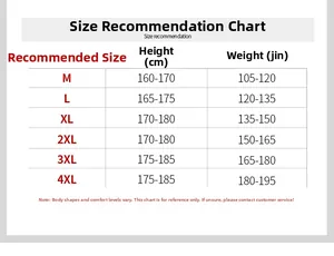 Tableau des tailles détaillé pour veste en coton homme M-4XL avec guide de poids et taille