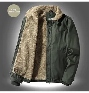 Detail view of army green winter jacket with plush fleece lining and A.R.M.Y embroidery