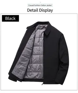 Detail of men's winter jacket showing gray quilted warm lining and zipper closure