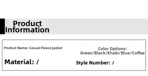 Detailed size and color chart for men's fleece jacket in green, black and khaki