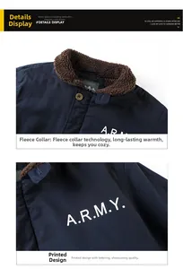 Detail view of navy blue winter jacket showing brown fleece collar and A.R.M.Y. letter print