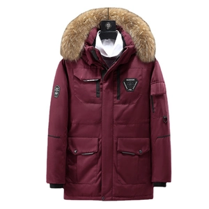 Parka d'hiver bordeaux unisexe avec grand col en fourrure et poches pratiques
