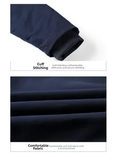 Detailed view of navy blue jacket ribbed cuffs and durable fabric stitching
