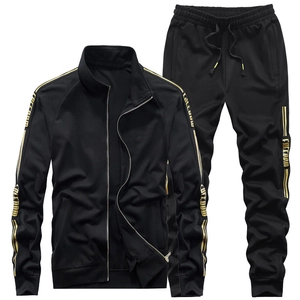 Men Casual Tracksuit Stand Collar Zipper Jacket And Trousers Viscose Nylon Spandex Fabric Gold Stripe Freedom Letter Print
