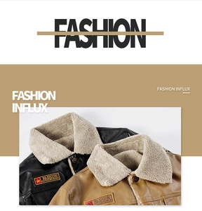 Detail of PU leather jackets with thick faux shearling collars and chest patch embroidery