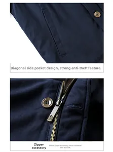 Close-up of winter jacket featuring canvas texture, side pocket and crown zipper detail