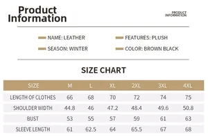 Detailed size chart for men's PU leather jacket showing length, bust, and sleeve measurements
