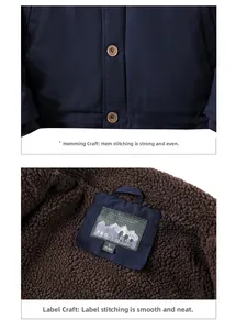 Macro detail of men's winter jacket showing plush fleece lining and buttoned hem stitching