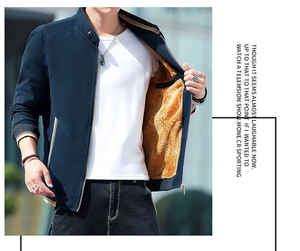 Detailed view of dark blue fleece-lined jacket with striped ribbed collar and metal zipper