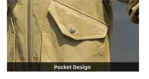 Close-up of khaki cotton jacket showing front flap pocket and engraved metal button detail
