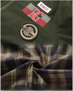 Detail view of military jacket embroidery patches and warm plaid fleece lining texture