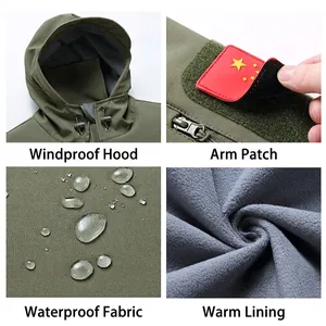Waterproof military green tactical softshell jacket with warm fleece lining and hood
