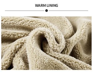 Detail of soft beige sherpa lining with 'WARM LINING' text for thermal jackets