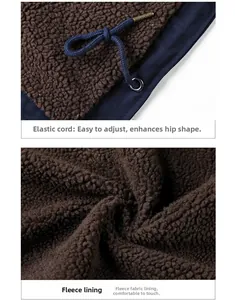 Detail view of navy canvas outer and warm dark brown sherpa lining with drawstring
