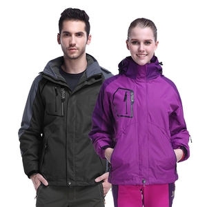 Outdoor 3-in-1 waterproof hooded jacket set for men and women in olive and purple