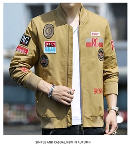 Detailed close-up of khaki military jacket featuring retro patch embroidery and twill texture