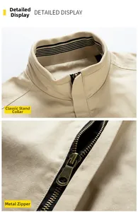Détail de la veste kaki montrant le petit col montant et la fermeture éclair en métal