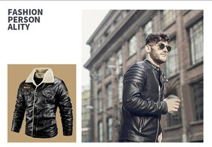 Detail of black PU leather biker jacket featuring warm sherpa collar and flap pockets