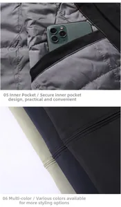 Detail view of functional inner pocket for smartphone and color options for winter jacket