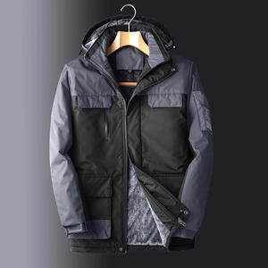Men's outdoor hooded jacket with fleece lining and black-grey patchwork design